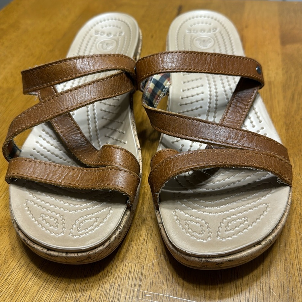 CROCS Brown A-Leigh Casual Cork Wedge Sandals